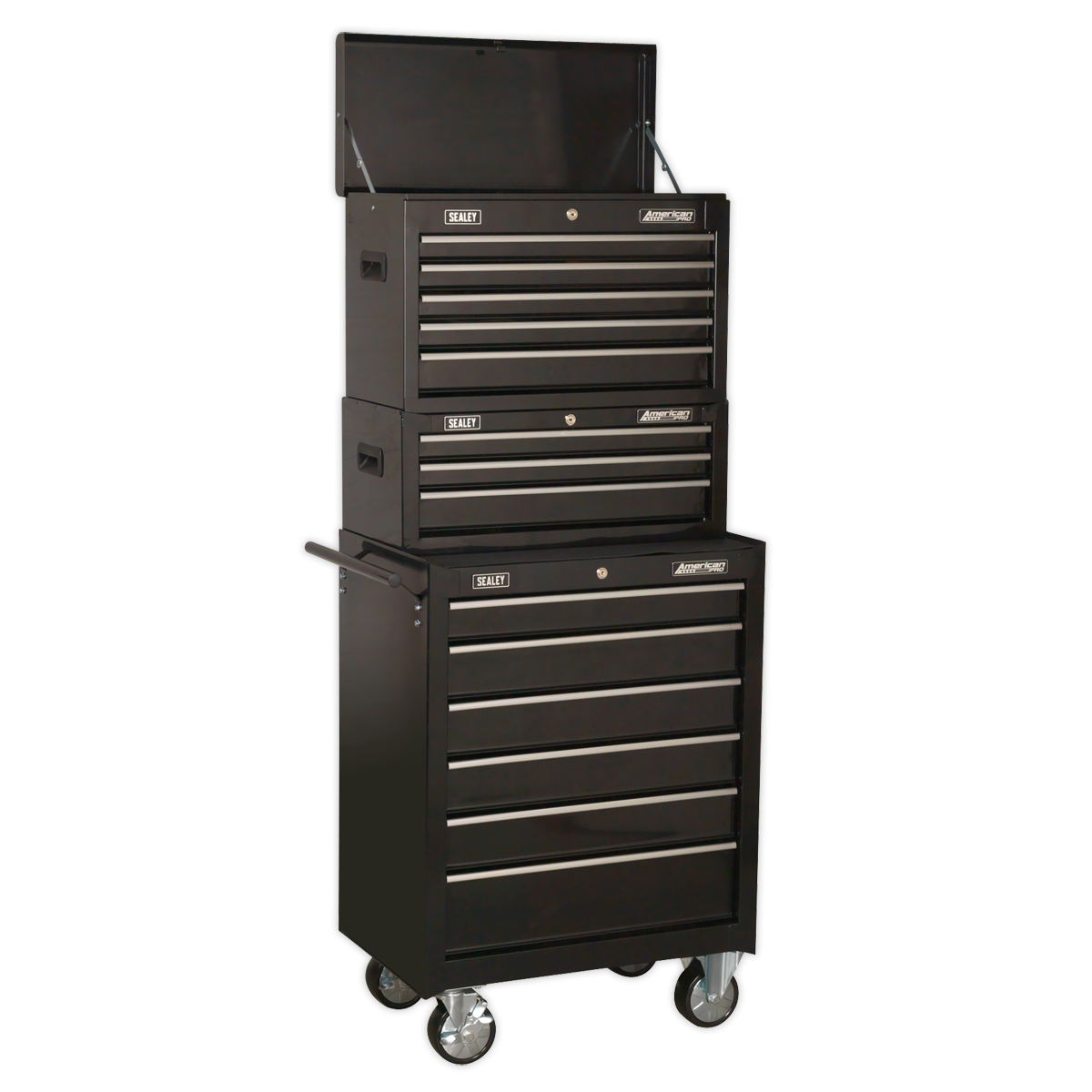 14 Drawer Topchest, Mid-Box & Rollcab Stack - Black