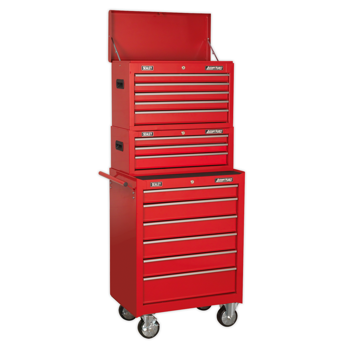 14 Drawer Topchest, Mid-Box & Rollcab Combination with Ball-Bearing Slides - Red