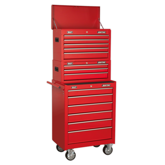 14 Drawer Topchest, Mid-Box & Rollcab Combination with Ball-Bearing Slides - Red