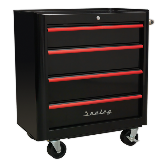 4 Drawer Retro Style Rollcab - Black with Red Anodised Drawer Pulls