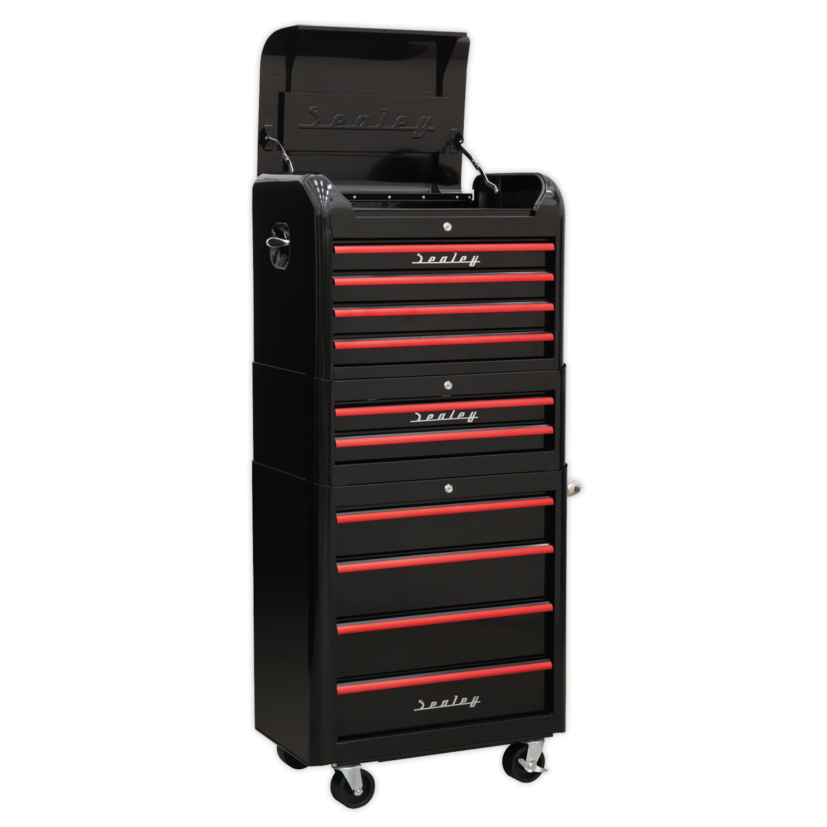 10 Drawer Retro Style Topchest, Mid-Box & Rollcab Combination - Black with Red Anodised Drawer Pulls