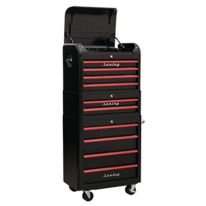 10 Drawer Retro Style Topchest, Mid-Box & Rollcab Combination - Black with Red Anodised Drawer Pulls