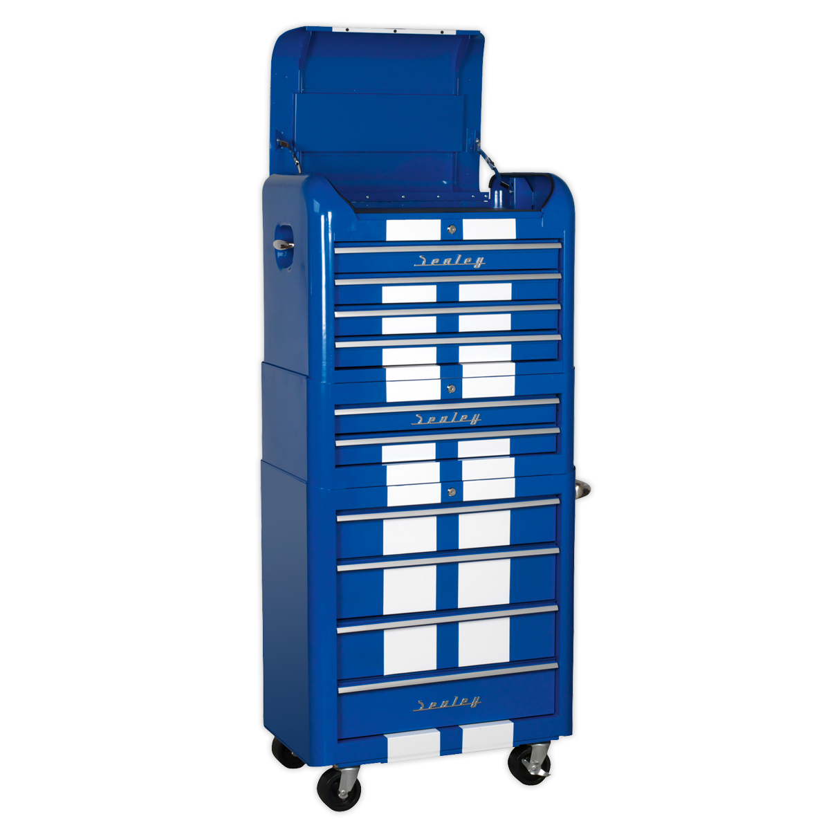 10 Drawer Retro Style Topchest, Mid-Box & Rollcab Combination Blue/White Stripes