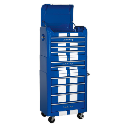 10 Drawer Retro Style Topchest, Mid-Box & Rollcab Combination Blue/White Stripes