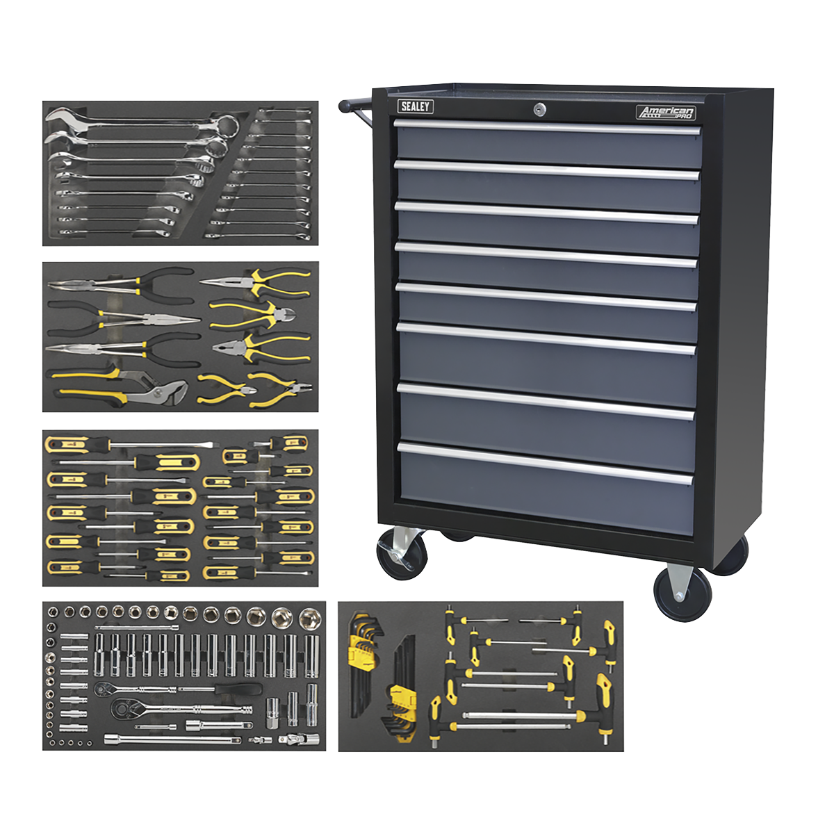 8 Drawer Rollcab with Ball-Bearing Slides & 136pc Tool Kit - Black/Grey