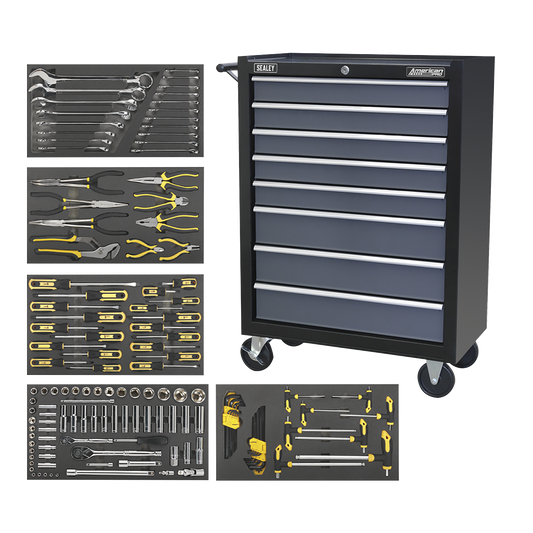 8 Drawer Rollcab with Ball-Bearing Slides & 136pc Tool Kit - Black/Grey