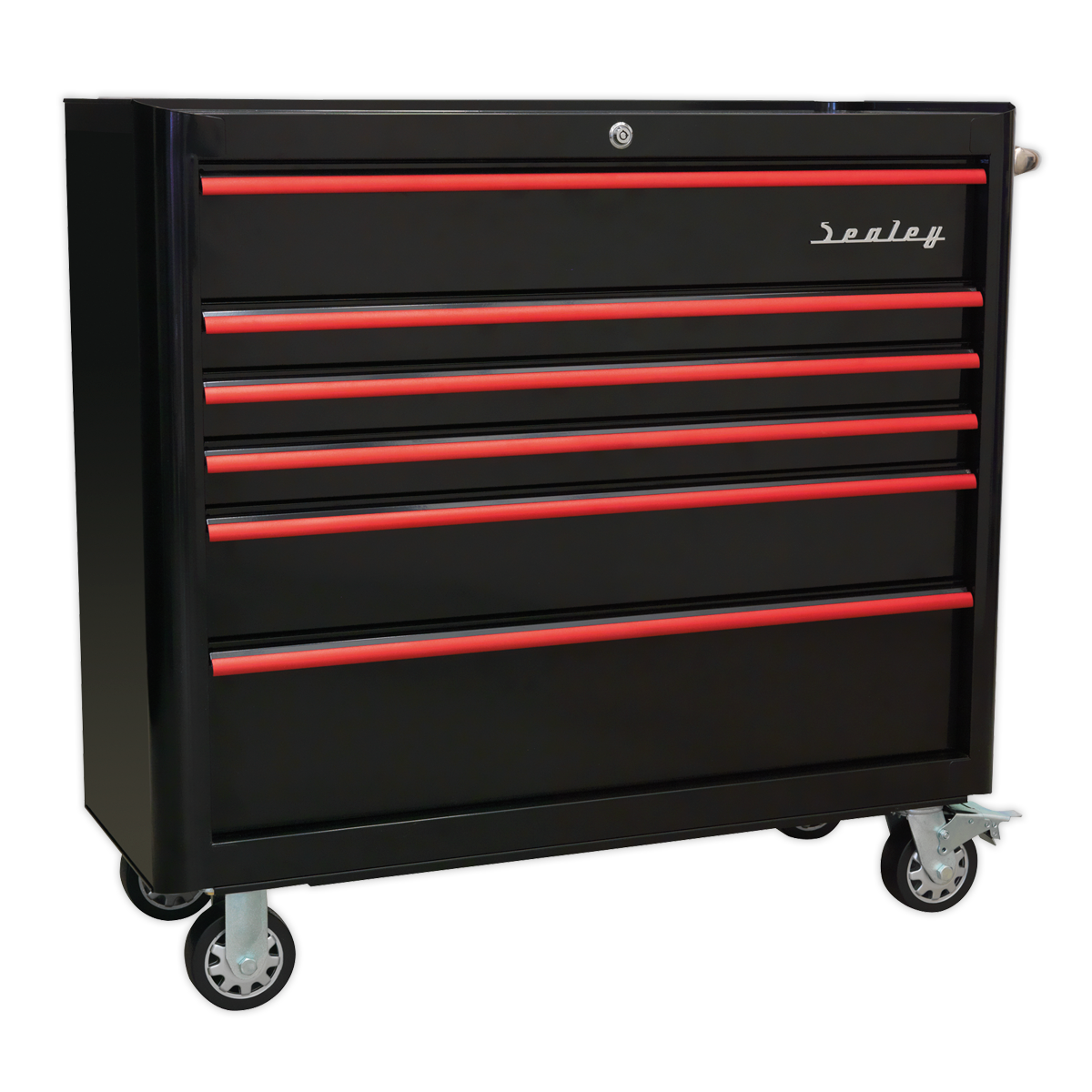 6 Drawer Wide Retro Style Rollcab - Black with Red Anodised Drawer Pulls