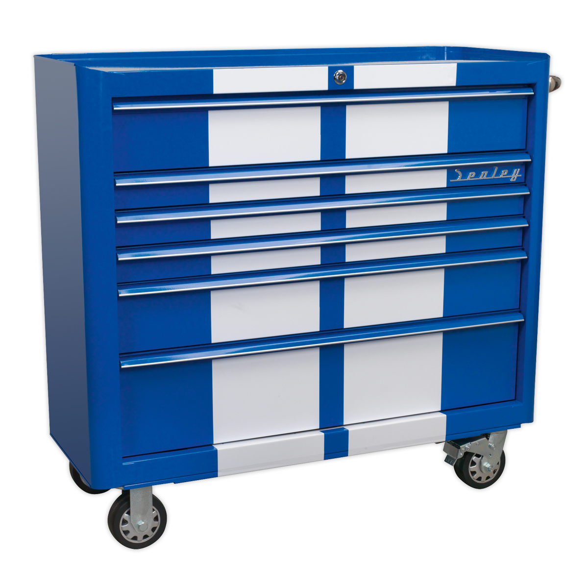 6 Drawer Wide Retro Style Rollcab - Blue with White Stripes