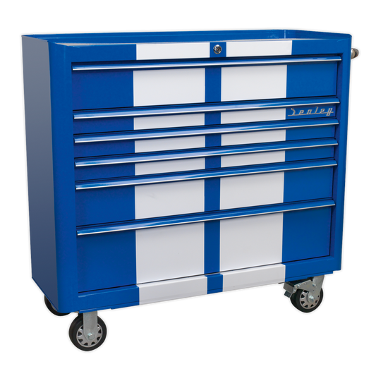 6 Drawer Wide Retro Style Rollcab - Blue with White Stripes