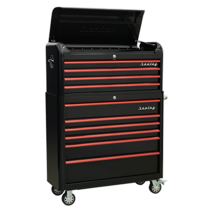 10 Drawer Retro Style Wide Topchest & Rollcab Combination - Black with Red Anodised Drawer Pull