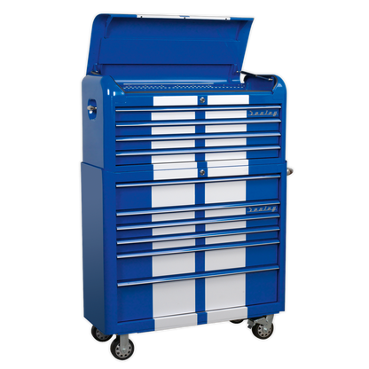 10 Drawer Retro Style Wide Topchest & Rollcab Combination Blue/White Stripes