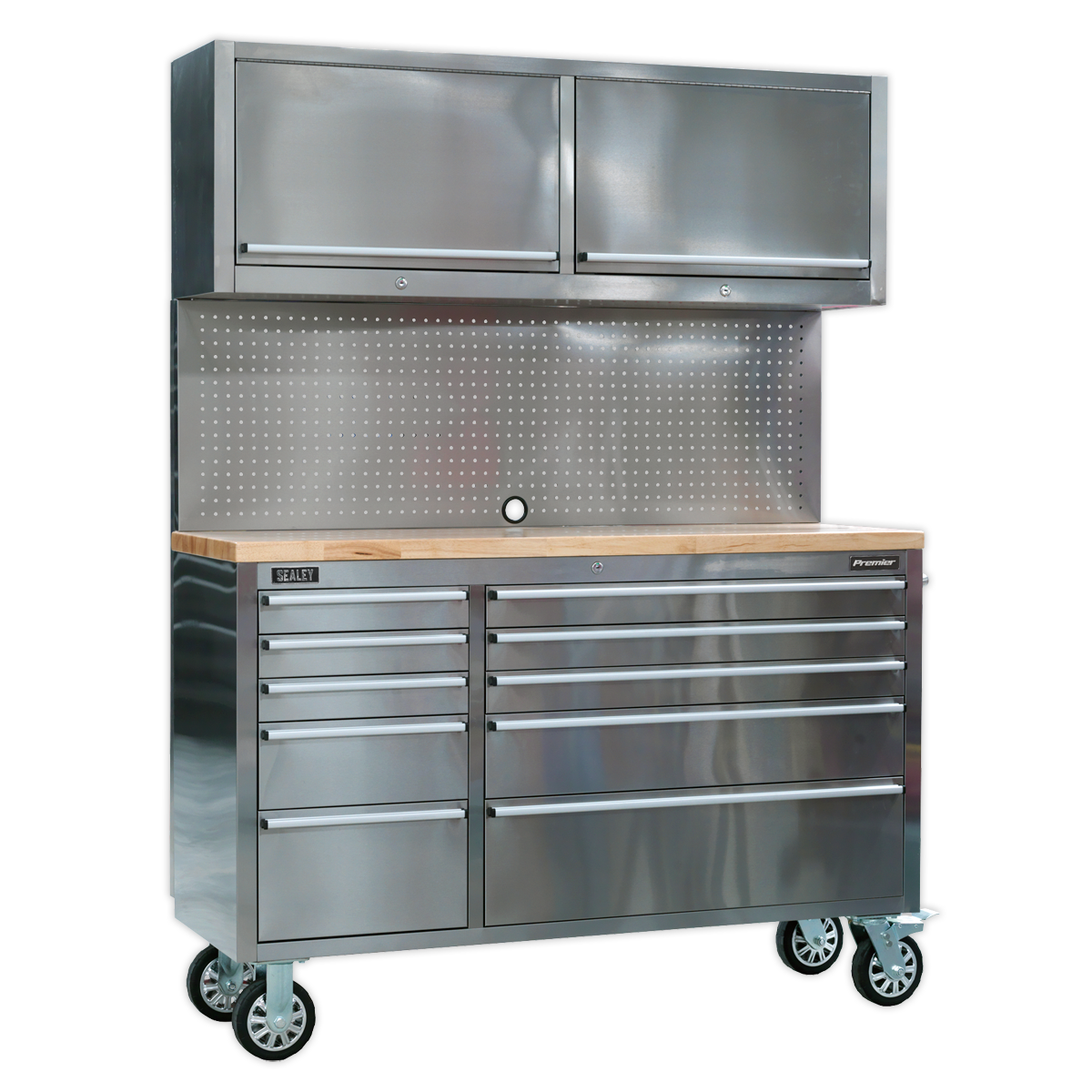 10 Drawer & 2 Wall Cupboard Stainless Steel Mobile Tool Cabinet with Backboard