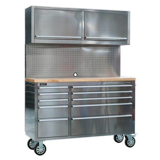 10 Drawer & 2 Wall Cupboard Stainless Steel Mobile Tool Cabinet with Backboard