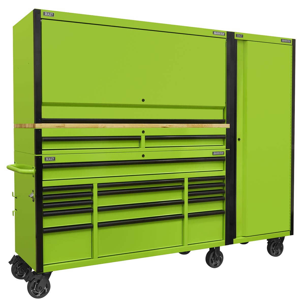 15 Drawer 1549mm Mobile Trolley with Wooden Worktop, Hutch, 2 Drawer Riser & Side Locker