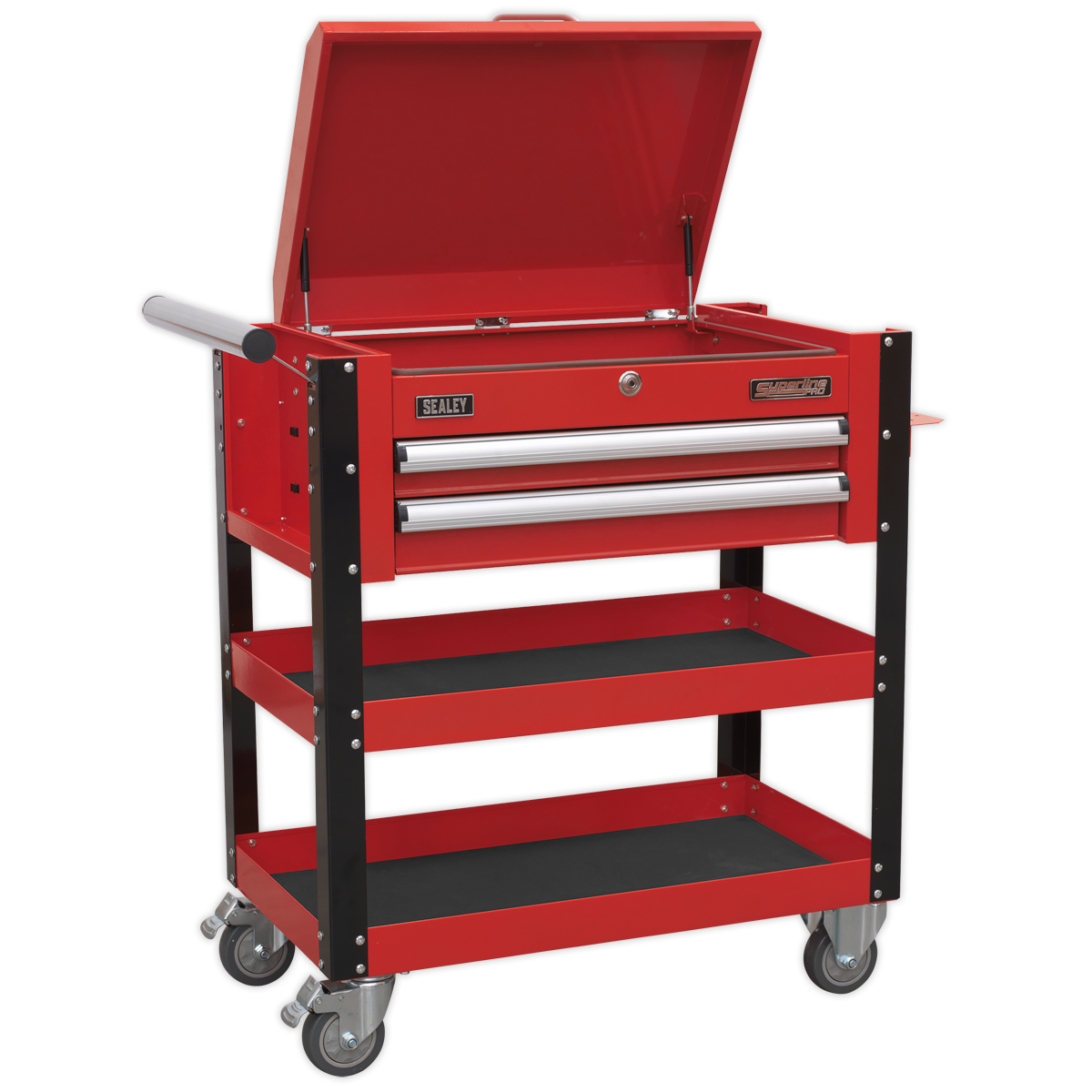 2 Drawer Heavy-Duty Mobile Tool & Parts Trolley with Lockable Top - Red