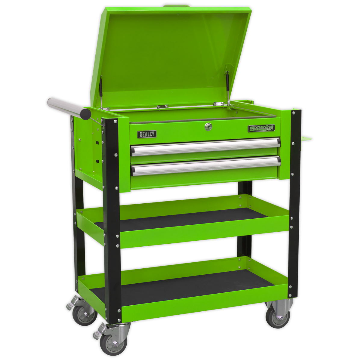 2 Drawer Heavy-Duty Mobile Tool & Parts Trolley with Lockable Top - Green