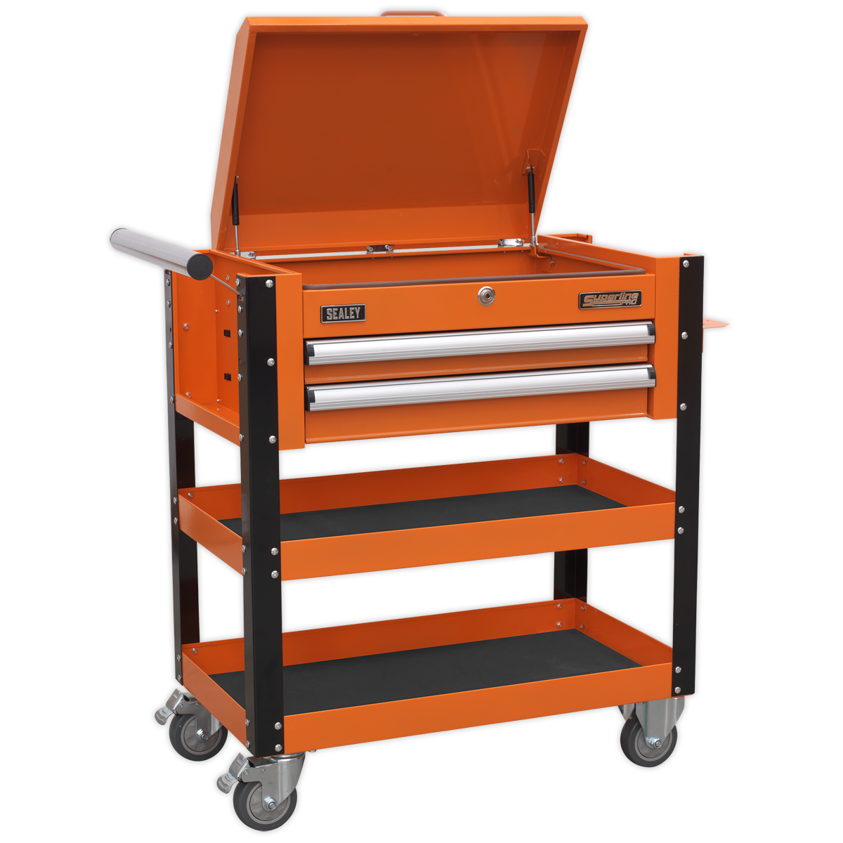 2 Drawer Heavy-Duty Mobile Tool & Parts Trolley with Lockable Top - Orange