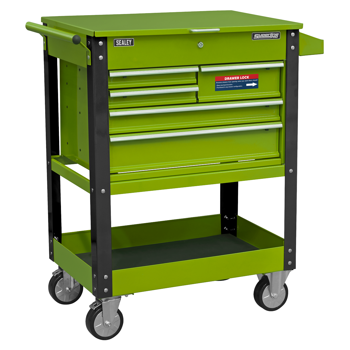 Heavy-Duty Mobile Tool & Parts Trolley with 5 Drawers and Lockable Top- Hi-Vis Green