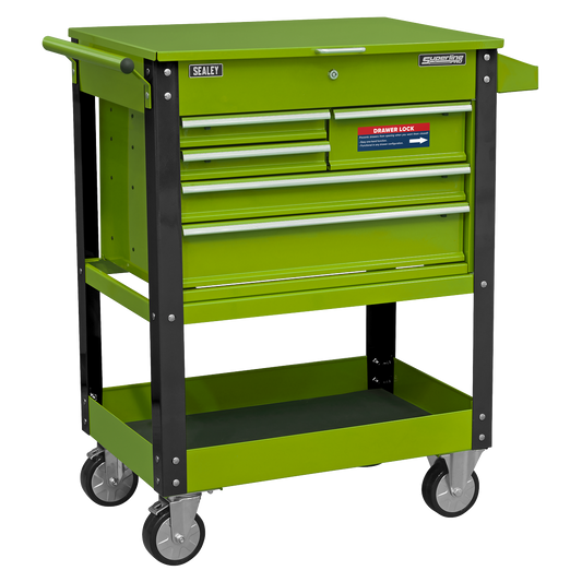 Heavy-Duty Mobile Tool & Parts Trolley with 5 Drawers and Lockable Top- Hi-Vis Green