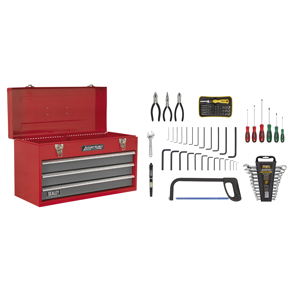 3 Drawer Portable Tool Chest with Ball-Bearing Slides & 93pc Tool Kit