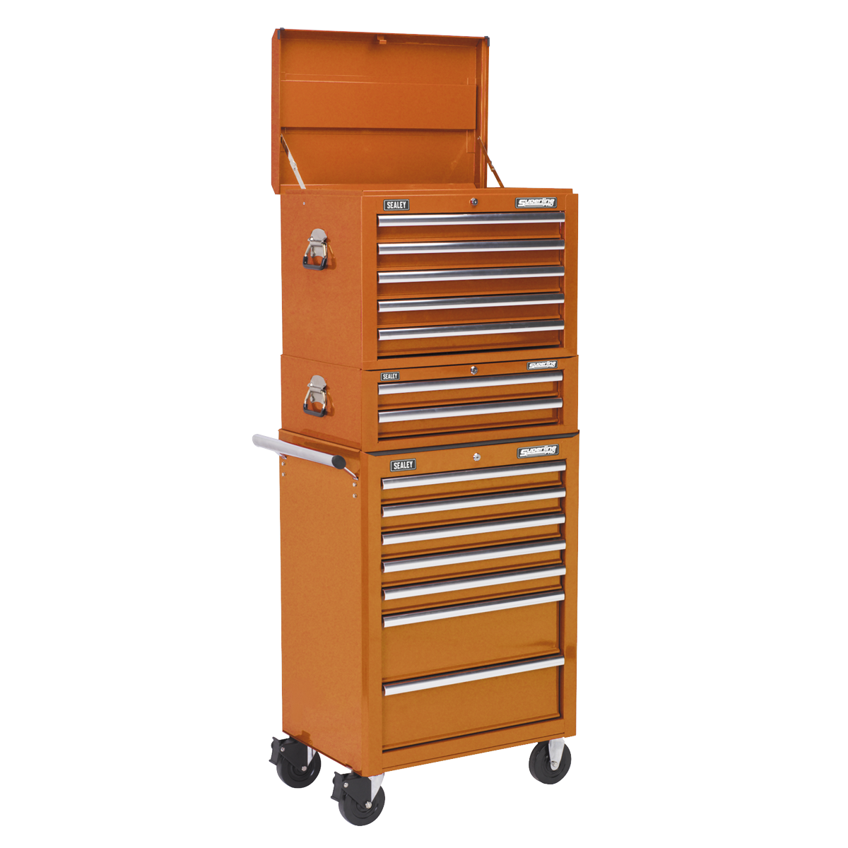 14 Drawer Topchest, Mid-Box & Rollcab Combination with Ball-Bearing Slides - Orange