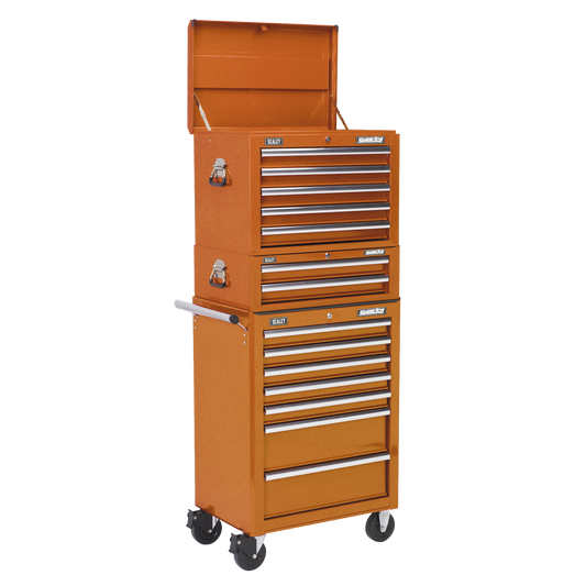 14 Drawer Topchest, Mid-Box & Rollcab Combination with Ball-Bearing Slides - Orange