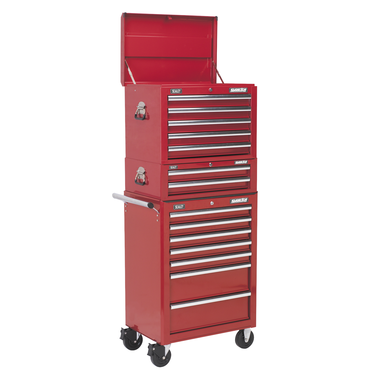 14 Drawer Topchest, Mid-Box & Rollcab Combination with Ball-Bearing Slides - Red