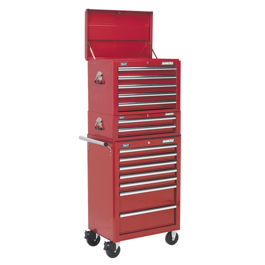 14 Drawer Topchest, Mid-Box & Rollcab Combination with Ball-Bearing Slides - Red