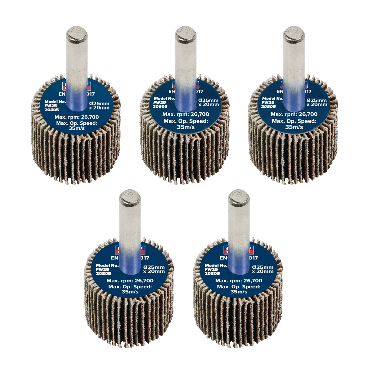 Ø25 x 20mm Flap Wheel Ø6mm Shaft Assorted Grit - Pack of 5