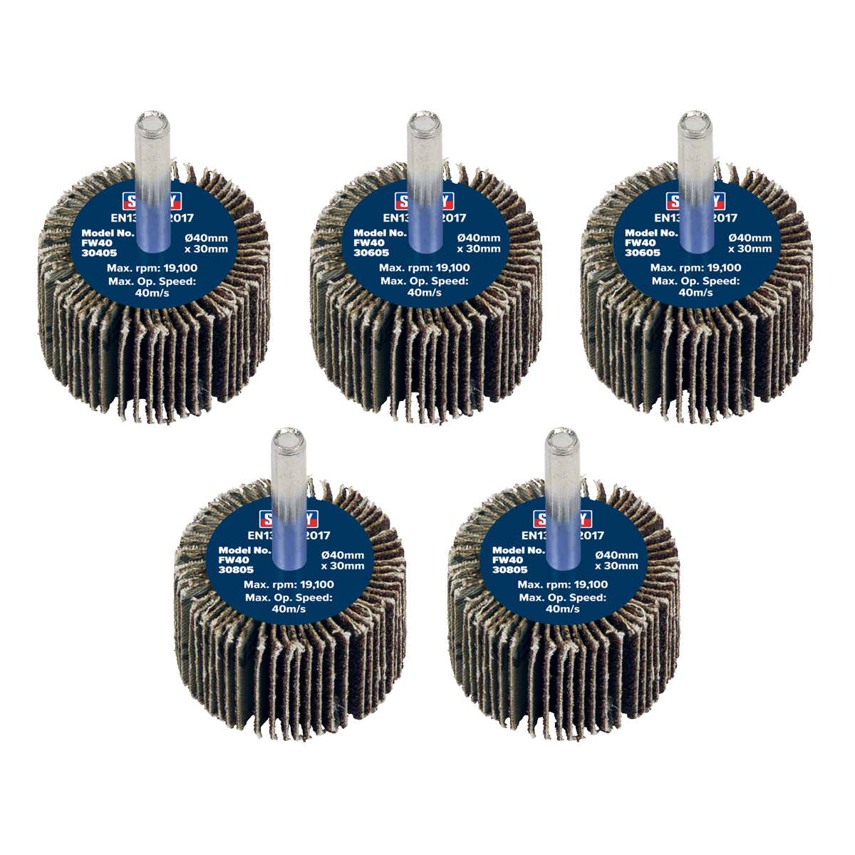 Ø40 x 30mm Flap Wheel Ø6mm Shaft Assorted Grit - Pack of 5