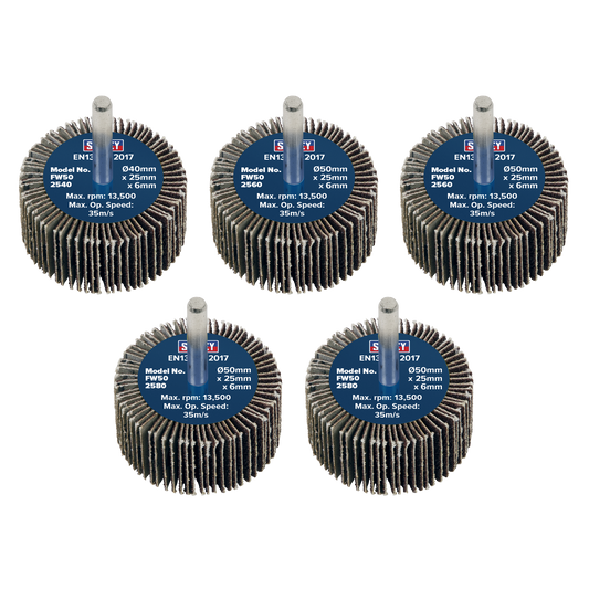 Ø50 x 25mm Flap Wheel Ø6mm Shaft Assorted Grit - Pack of 5