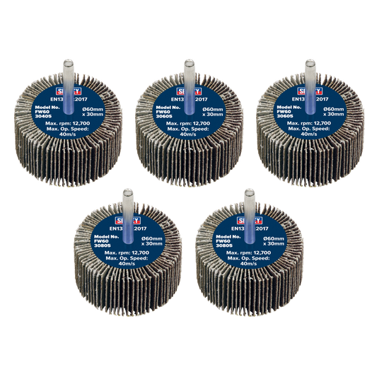 Ø60 x 30mm Flap Wheel Ø6mm Shaft Assorted Grit - Pack of 5