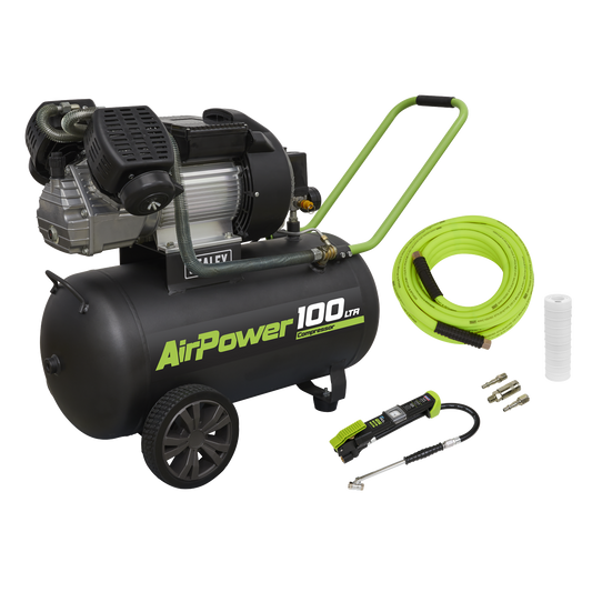 100L Direct Drive V-Twin Air Compressor 3hp & Air Accessory Kit