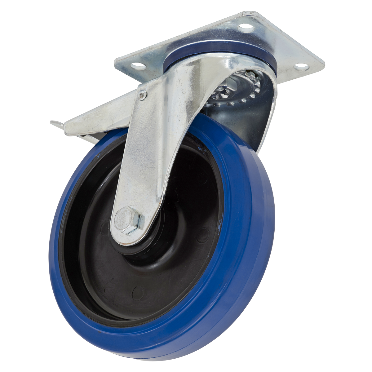 Ø100mm Heavy-Duty Blue Elastic Rubber Swivel Castor Wheel With Total Lock - Trade