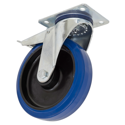 Ø100mm Heavy-Duty Blue Elastic Rubber Swivel Castor Wheel With Total Lock - Trade