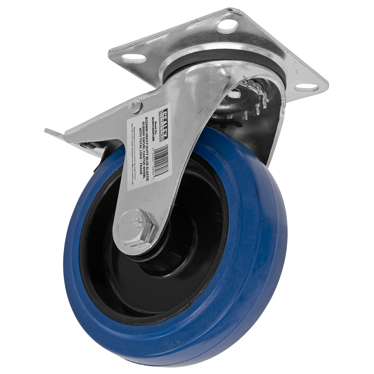 Ø125mm Heavy-Duty Blue Elastic Rubber Swivel Castor Wheel with Total Lock - Trade