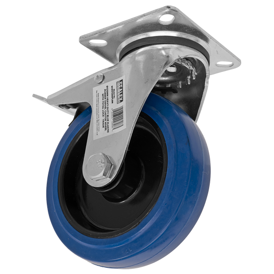 Ø125mm Heavy-Duty Blue Elastic Rubber Swivel Castor Wheel with Total Lock - Trade