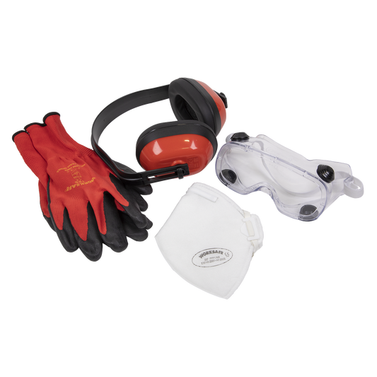 Flexi Grip Gloves, FFP1 Mask, Goggles & Ear Defenders