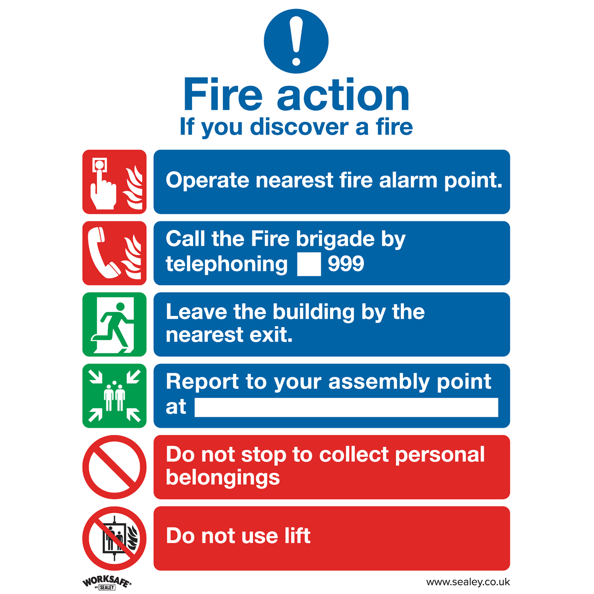 Fire Action With Lift - Safe Conditions Safety Sign - Rigid Plastic - Pack of 10