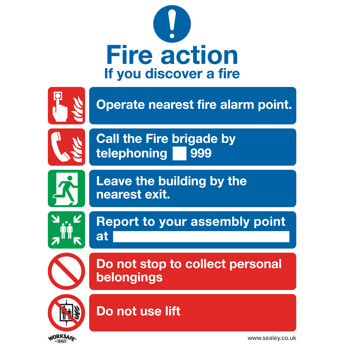 Fire Action With Lift - Safe Conditions Safety Sign - Self-Adhesive Vinyl - Pack of 10