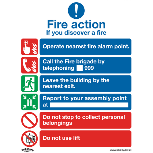 Fire Action With Lift - Safe Conditions Safety Sign - Self-Adhesive Vinyl