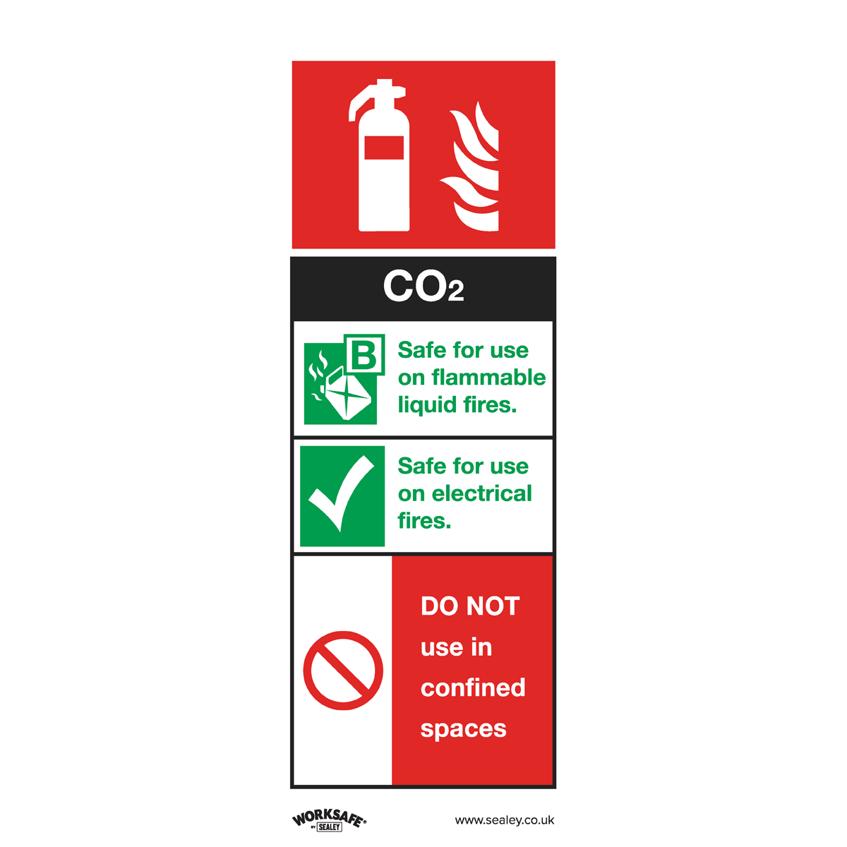 CO2 Fire Extinguisher - Safe Conditions Safety Sign - Self-Adhesive Vinyl - Pack of 10