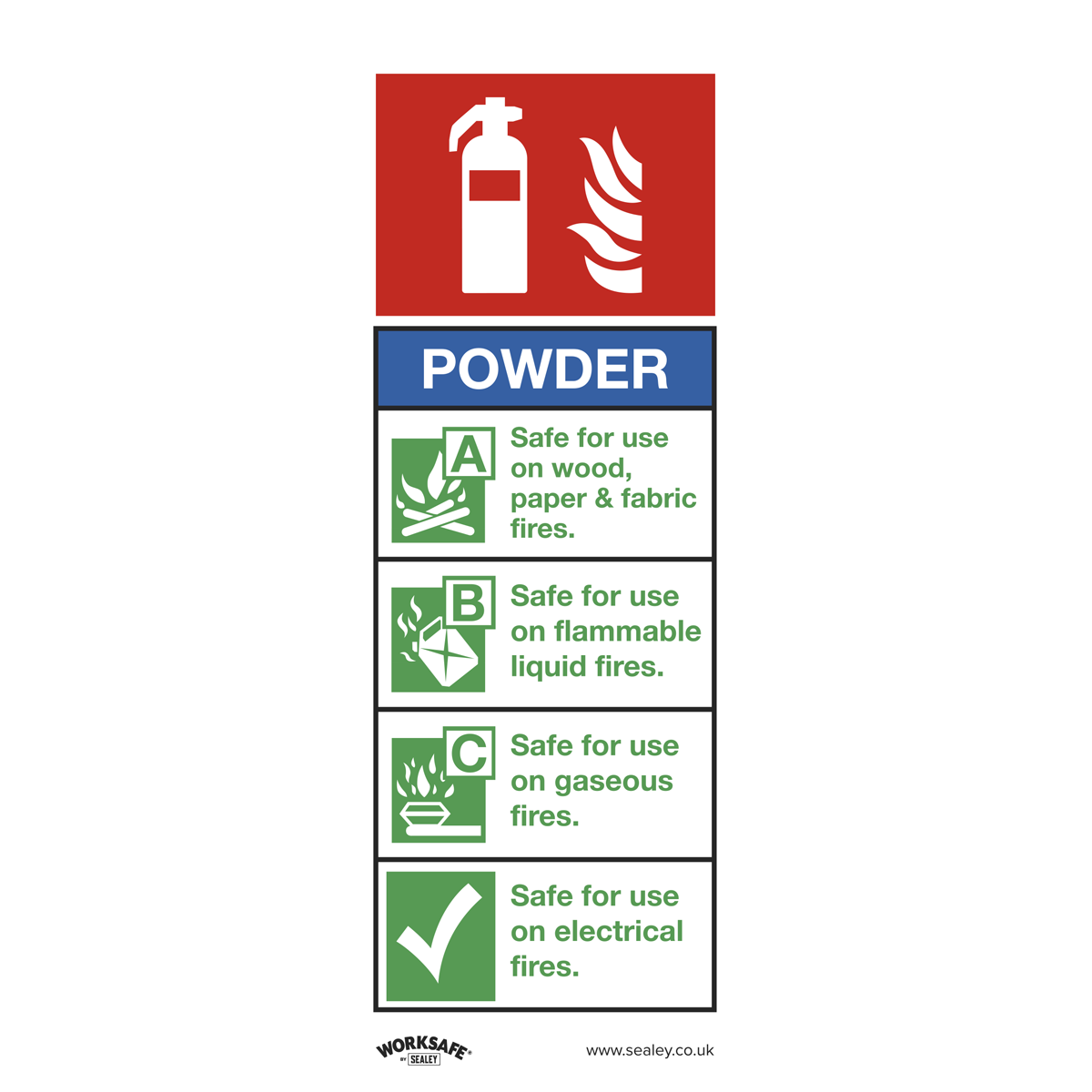 Powder Fire Extinguisher - Safe Conditions Safety Sign - Rigid Plastic - Pack of 10