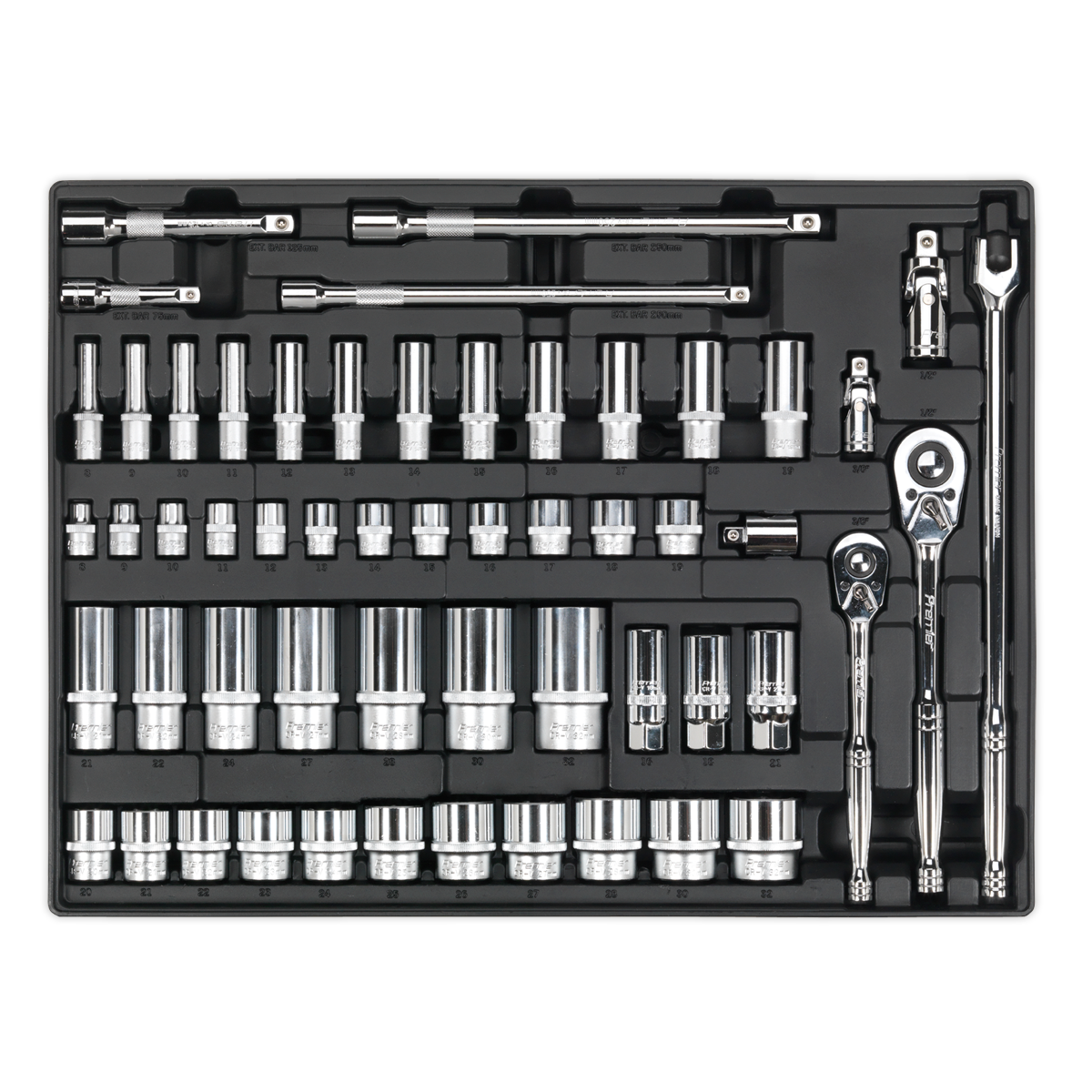 55pc 3/8" & 1/2"Sq Drive Socket Set with Tool Tray