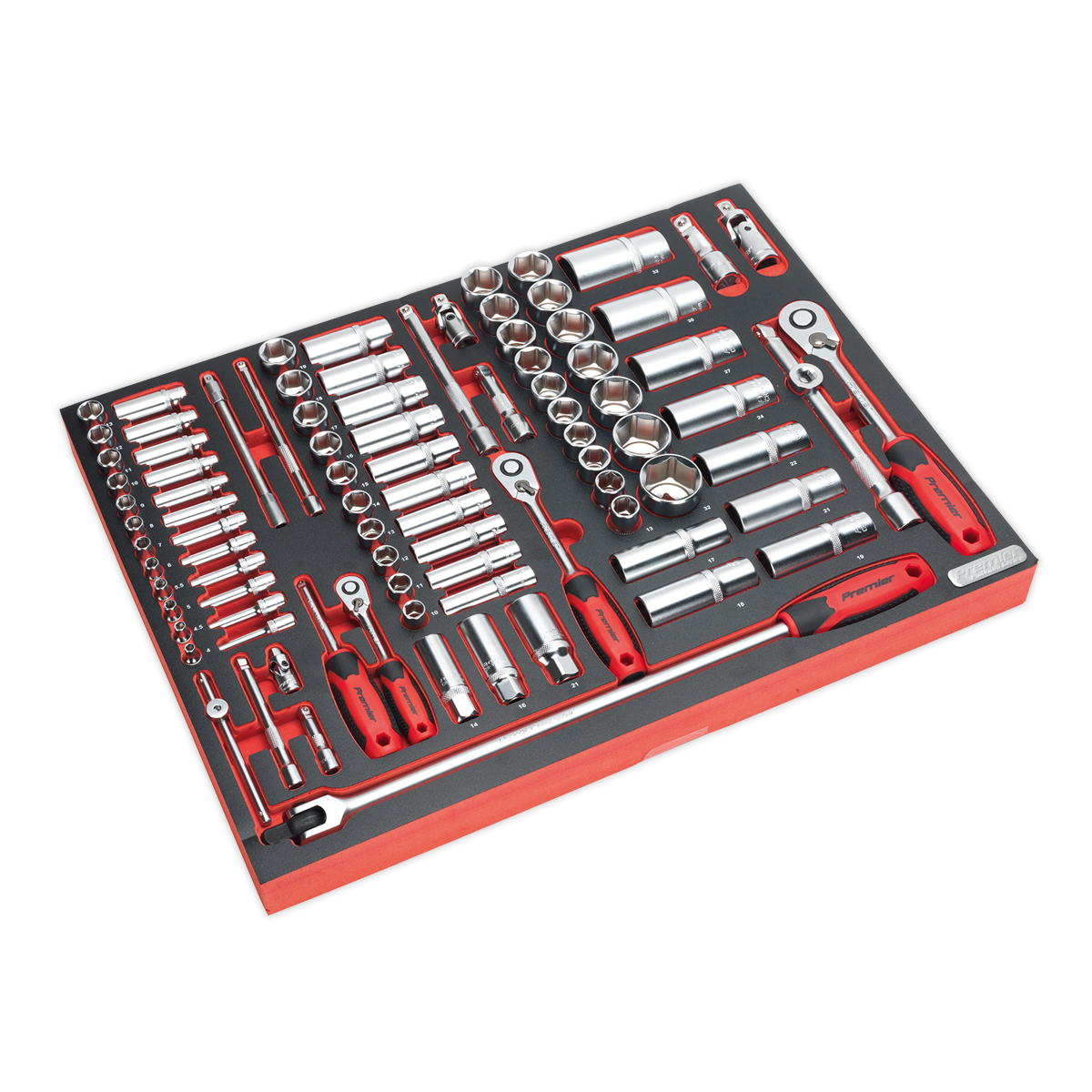 91pc 1/4", 3/8" & 1/2"Sq Drive Socket Set with Tool Tray